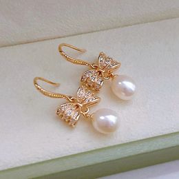 Boucles d'oreilles en perles naturelles blanches avec nœud papillon pour femmes, bijoux d'oreilles ovales de 78mm, nœud papillon d'eau douce, 240401