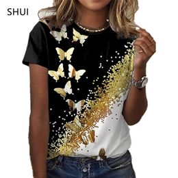 Mariposa dama camiseta 3D estampado floral cuello redondo Casual nicho diseño sentido ropa mujer Animal serie manga corta 220526