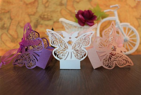 Papillon découpé au Laser creux chariot faveurs boîte cadeaux boîtes à bonbons avec ruban bébé douche mariage événement fête fournitures
