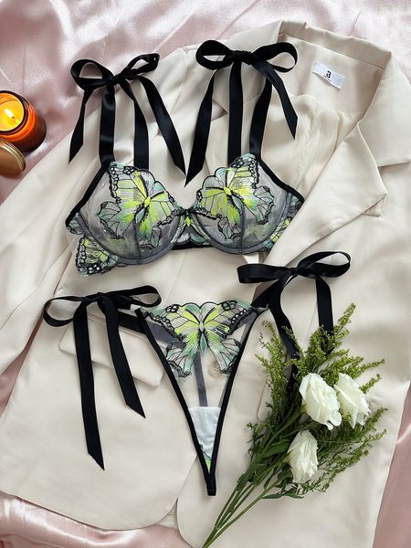 Conjunto de lencería de mariposa, ropa interior delicada de encaje elegante, bordado de hadas, conjuntos exóticos transparentes, ropa interior de chica caliente con lazo Bilizna