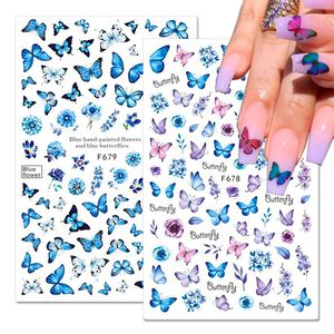 Autocollants pour ongles papillon bleu noir, décalcomanies holographiques, thème fleurs de printemps, curseur auto-adhésif 3D, décoration Nail Art, DIY bricolage