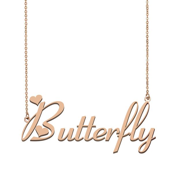 Collier avec pendentif avec nom papillon pour femmes et filles, cadeau d'anniversaire, plaque signalétique personnalisée pour enfants, meilleurs amis, bijoux en acier inoxydable plaqué or 18 carats