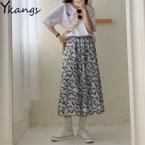 Papillon motif imprimé mignon Midi jupe plissée dames été a-ligne mode taille haute jupes longues Harajuku Streetwear 210421