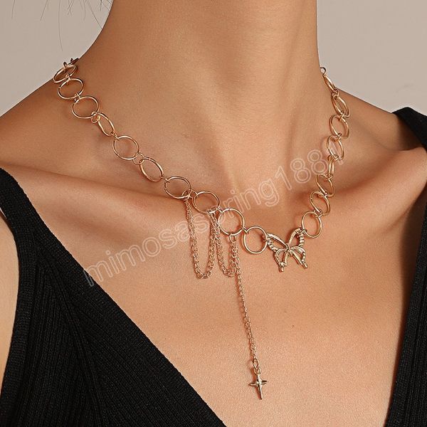 Collier pendentif papillon pour femmes, gothique, Hip Hop, chaîne à maillons, pendentif croix, bijoux, colliers Mujer