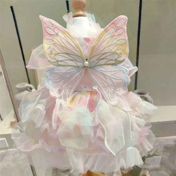 Butterfly Princess Robe Pet Dog Clots Sweet Super Small Mignon Chihuahua Soft Print Summer Pink Girl Mascot 240402