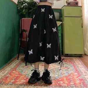 Estampado de mariposa A-Line Hip Hop Faldas largas plisadas Mujeres Harajuku Coreano Streetwear Cordón Elástico Cintura alta 210421