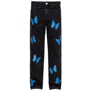 Butterfly imprimez un jean teint pour hommes et femmes Pantalons de jambe droite à la mode de rue M515 45