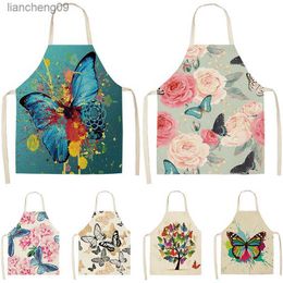 Delantales de cocina con estampado de mariposas, delantales de algodón y lino de 68x55cm para mujer, accesorios de limpieza para cocinar en casa, Delantal L230620