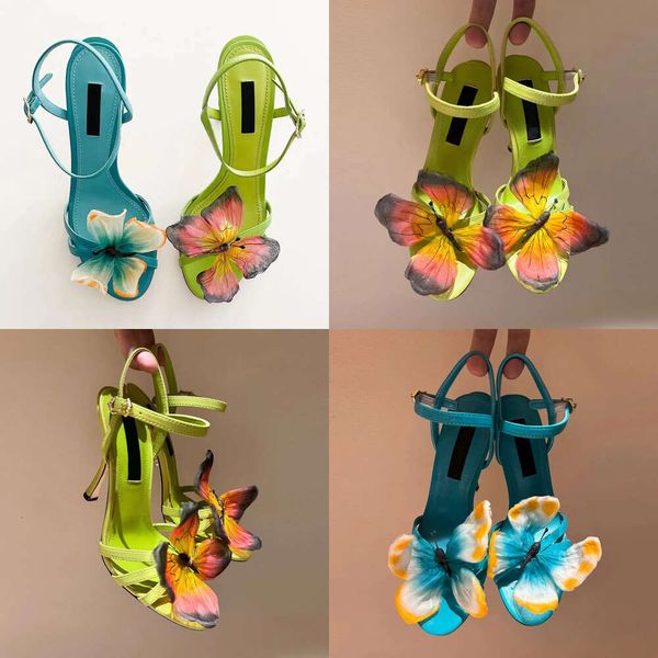 Butterfly Rare Blue Sandal Talons femme Dromme de femme Robe Yellow Bow Stiletto Heel Fashion Wedding Party Ankle Sorfe Shoes Factory Footwear avec boîte