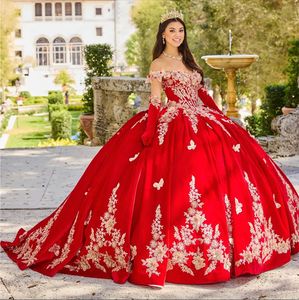 Butterfly Red D Princesa Quinceanera Vestidos Ball Vestido fuera del hombro Appliques Corsé Vestidos dulces de XV Anos Resses E