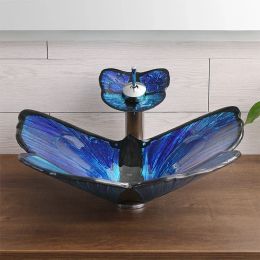 Lavabo de baño de baño templado en forma de mariposa fregadero de la encimera del lavabo del hotel del lavavajillas del lavavajillas de la mano con grifo