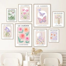 Pintura en lienzo con formas de mariposa, carteles e impresiones de flores coloridas de jardín nórdico, arte de pared, imágenes abstractas de pared para decoración de sala de estar y dormitorio Wo6