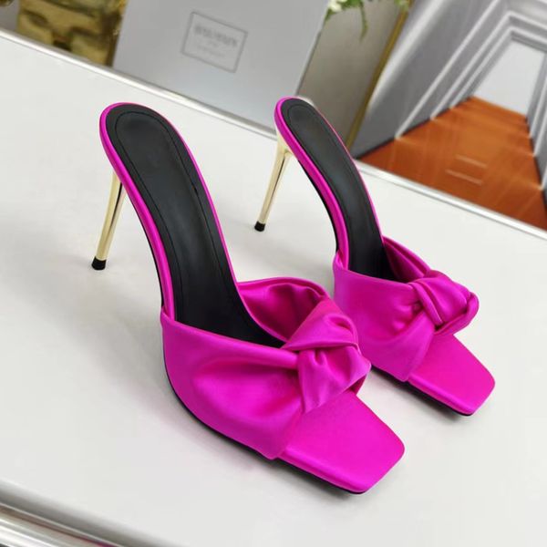 Papillon cravate décoration pantoufles Stiletto femmes véritable soie orteils ouverts diapositives semelle extérieure en cuir mules à talons sandales de créateurs de luxe chaussures d'usine avec boîte