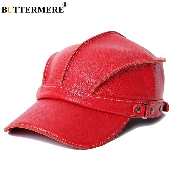 BUTTERMERE casquette de Baseball femmes rouge véritable vache en cuir casquettes Ivy femme réglable automne hiver marque chapeau 240117