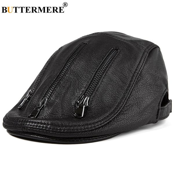 BUTTERMERE noir bérets pour hommes en cuir casquettes plates mâle réglable lierre casquette fermeture éclair en cuir de mouton véritable italien bec de canard chapeaux