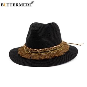 BUTTERMERE Black Sun Hat Tassel Cap Mujeres Beach Straw Hat Vintage Ladies Hats para el verano New Ariival Women's Straw Hats Y200714