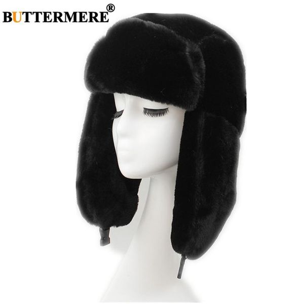 BUTTERMERE-Sombrero de bombardero de piel para Mujer, gorro de cazador ruso Ushanka negro, cálido, con orejas de esquí, Invierno5281110