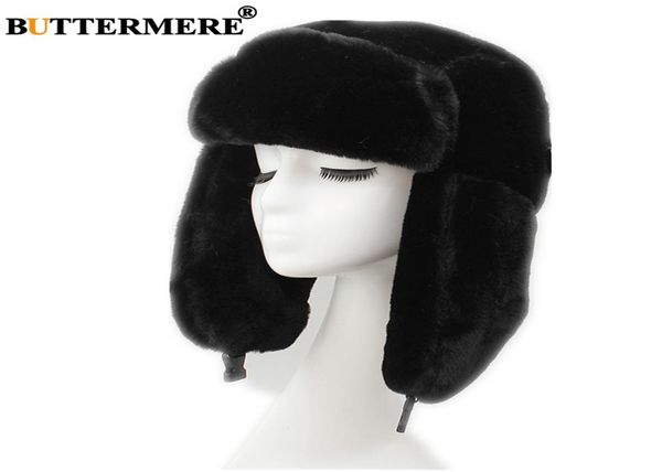 Buttermere Fur Bomber Sombrero para mujeres Rusas Ushanka Black Trapper Hat Hembra Hembra de orejas de esquí de invierno Gorros Mujer Invierno7867874