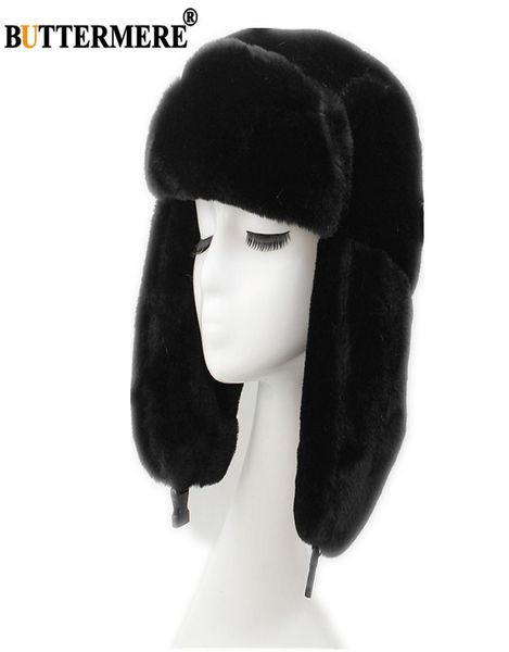 BUTTERMERE-Sombrero de bombardero de piel para Mujer, gorro de cazador ruso Ushanka negro, cálido, con orejas de esquí, Invierno6943032