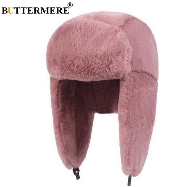 Buttermere Fur Caps Mujeres Bomber Hats Pink Winter Hat Ruso Femenino Grueso Cálido Sólido Suave A prueba de viento Oreja Flap Ushanka Hat Y200102