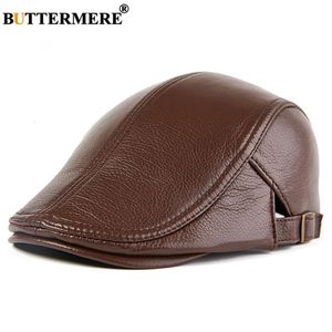 BUTTERMERE Hommes Béret Chapeau En Cuir Véritable Casquette Plate En Peau De Mouton Automne Hiver Mâle Marron Réglable Haute Qualité Gatsby Hommes Casquettes 240116