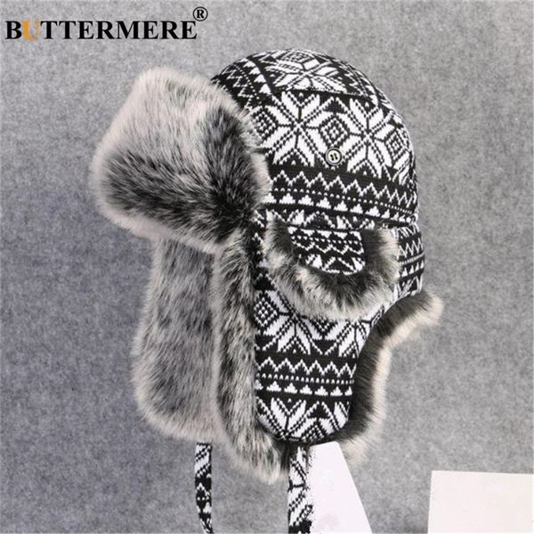 BUTTERMERE Russe Chapeau De Fourrure Ushanka Noir Blanc Bomber Chapeaux Mâle Femelle Oreille Rabats Hiver Épais Chaud Tricot En Plein Air Trappeur Chapeau Y200110