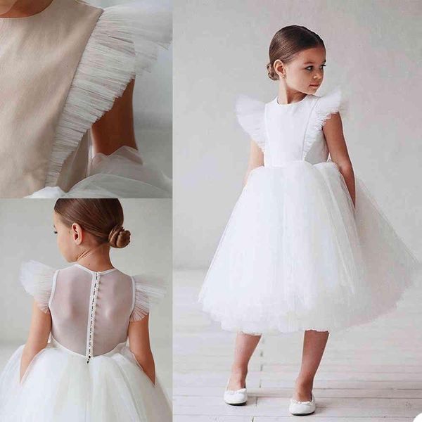 Bouton Retour Fleur Filles Robes Belle Jewel Neck Tulle Custom Made Pageant Robe Thé Longueur Enfants Porter