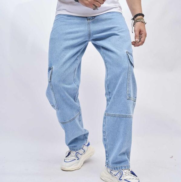 2024 Jeans pour hommes Mode High Street Baggy Hommes Rétro Lavé Droit Denim Cargo Pantalon Grandes Poches Latérales Pantalon Hip Hop Streetwear Mâle