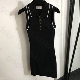 Vestido de chaleco delgado de punto con botones para mujer, falda sin mangas de marca de moda, vestido de cuello de solapa de diseñador, vestido de cintura para mujer