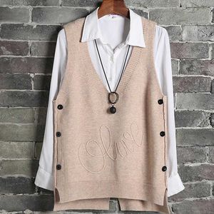 Bouton tricot gilet femme pull solide col en v sans manches gilet gilets pour femmes printemps mode dames pull hauts 211008