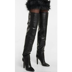 Bouton en cuir cuisse hauts bottes pointes orteil pointu stileletto talons longs bottes femme chaussures sexy chaussures de créateur de fête d'hiver