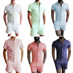 Knop Nieuwe Zomer Unieke Romper Mannen Linnen Shirt Short Sets Enkele Breasted Jumpsuit Fashion Overalls Tracksuit Casual Cargo Pants Trend