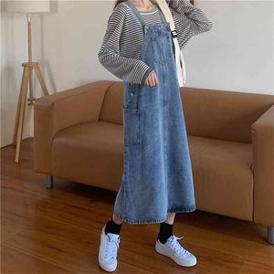 Button Pocket Denim Jurk Zomer Koreaanse Vintage Midi-Lengte Losse Jeans Casual Student Brethers Strap Overalls ES 210604