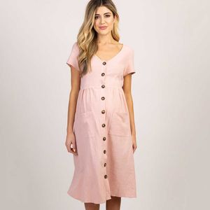 Knop pocket moederschap jurken zwangere vrouwen kantoor casual kleding katoen zomer vrouwelijke plus size zwangerschap jurk afstuderen y0924