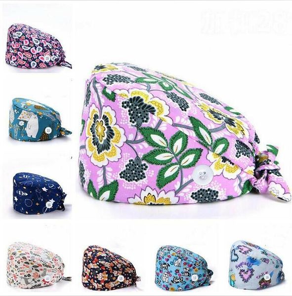 Bouton Scrub Cap Réglable Docteur Bouffant Chapeaux Bandeau Tie Back Chapeaux Dessin Animé Infirmière Chapeaux Grandes Filles Priting Travail Accessoires ALSK418