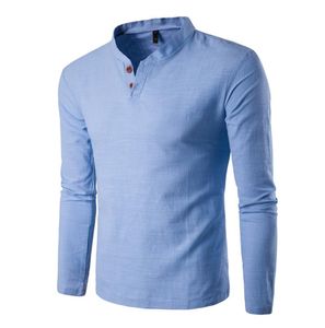 Camiseta con botones para hombre, camisas de manga larga ajustadas, camiseta sólida, camiseta de lino, blusa superior informal