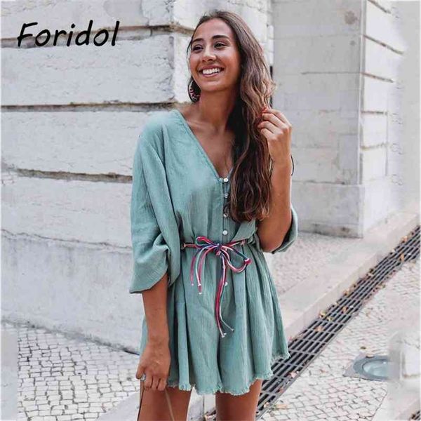 Boîte en coton Lâche Rompes Lâche Femmes Été Summer Bohême Bohemian Comboads V Couleur Coulu Sash Casual PlaySuits Vert Romper 210427