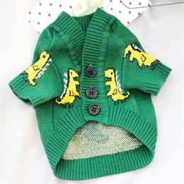 Buttoned Pet Sweater Herfst en Winter Kleding Groen Dinosaurus Teddy Kat Bichon Kleine Hond VIP Schnauzer Pommeren Hondenkleding 211106