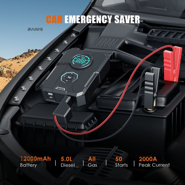 Buvaye 6 en 1 voiture Jump Starter Air Pompe Portable Air Compressor Bank Bank Cars Batterrs Starters Démarrage Auto Tire