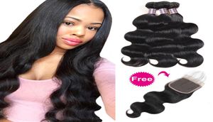 Koop 3 Bundels Body Wave Krijg een Sluiting Diepe Losse Braziliaanse Menselijk Haarbundels Losse Golf Yaki Rechte Diepe Golf Water9120062