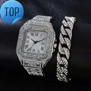 Acheter des montres de rappeur Hip Hop cultivées en laboratoire naturel, entièrement en diamant, Bracelet cubain glacé, argent, or rond, poignet à Quartz de luxe pour hommes