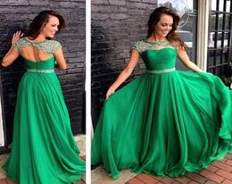 Koper Show Green Prom -jurken Chiffon kralen Cap Mouw Backless formele bescheiden avondjurken op maat gemaakte bruidsmeisje Vestidos9292315