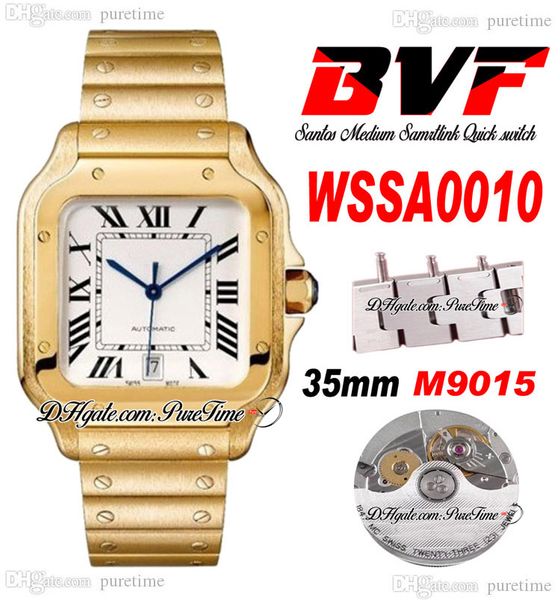 BVF V2 Medium 35 mm Miyota 9015 Montre automatique pour femme pour femme Liens de commutation rapide Or jaune Cadran blanc Mains bleues Bracelet en acier inoxydable Super Edition Puretime E5