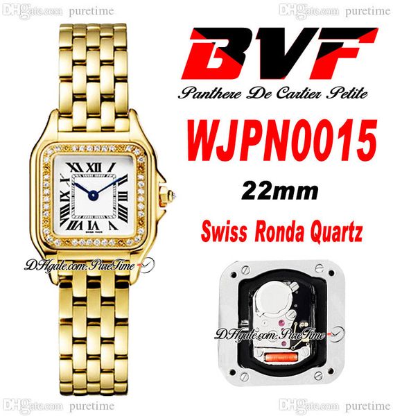 BVF WJPN0015 Swiss Ronda Quartz Ladies Watch 22mm Diamonds Bezel 18K Yellow Gold White Dial Black Roman Stainless Steel Bracelet Womens Super Edition Puretime G7