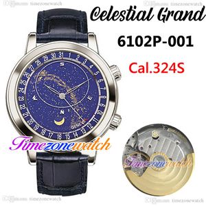 BWF V5 Datum 6102P-001 Celestial Grand Complication Mens Watch A324S Automatisch 6102 Steel Case Blue Starry Sky Dial Leather Riem horloges TWPP TimeZoneWatch E223A2