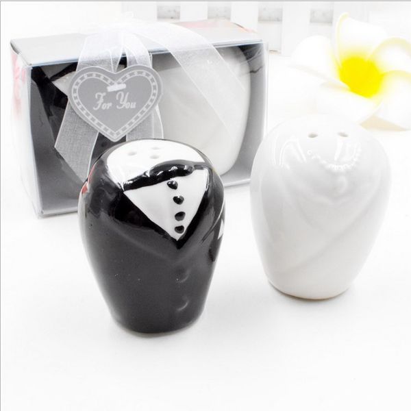 Favores de boda de 50 piezas Novias y novios Saltpepper Shakers con caja de regalos Ceramicion Dazoning Pot Fiesta de cocina para invitados