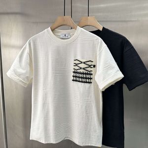 By3 Design tendance d'été avec poches patchwork, col rond, t-shirt à manches courtes pour hommes et japonais, haut de gamme, épaule ample, manches mi-longues