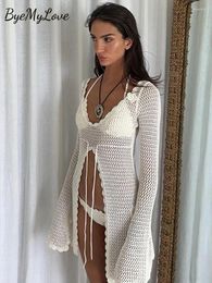 ByeMyLove tricoté au Crochet plage couvrir pull chemises haut à lacets vêtements de plage femmes ourlet fendu