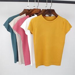 Bygouby zomer gebreide vrouwen t-shirt hoge elasticiteit O-hals korte mouwen tee shirt ademend vrouwelijke t-shirt 210623