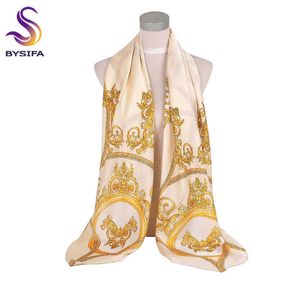 [BYSIFA] beige gouden zijden sjaal sjaal vrouwen oversize satijnen zijde vierkante sjaals wraps herfst winter moslim hoofd sjaal 135 * 135cm Q0828